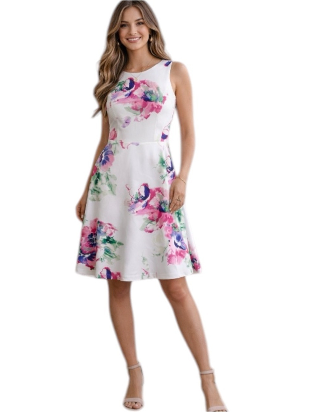 DKNY White Floral Sleeveless Fit & Flare Dress Size 6